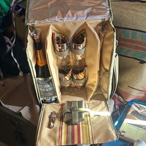 Vintage, Elegant Picnic Wine Set with Striped Accents, picnic wine backpack.